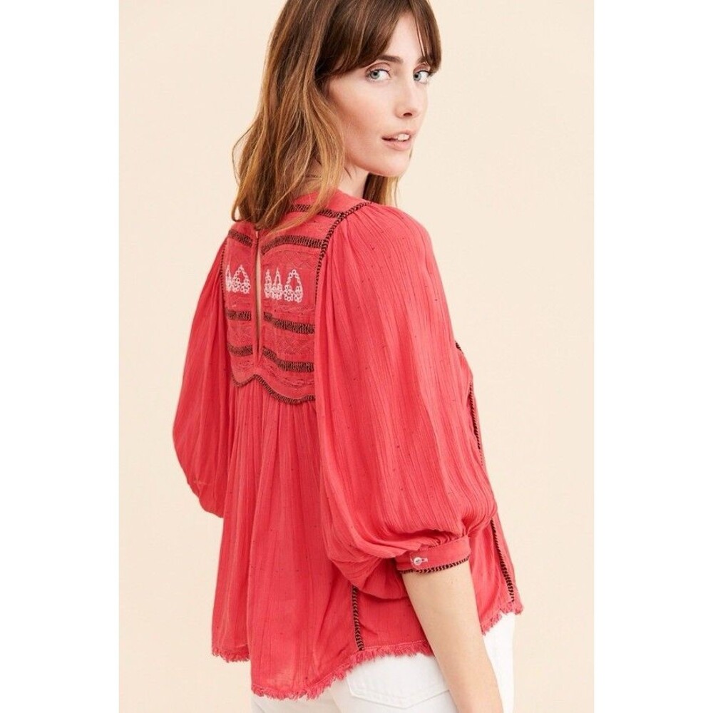 Free People Red Boho Embroidered Lace Peasant Top Women’s Size S/p - Picture 2 of 16